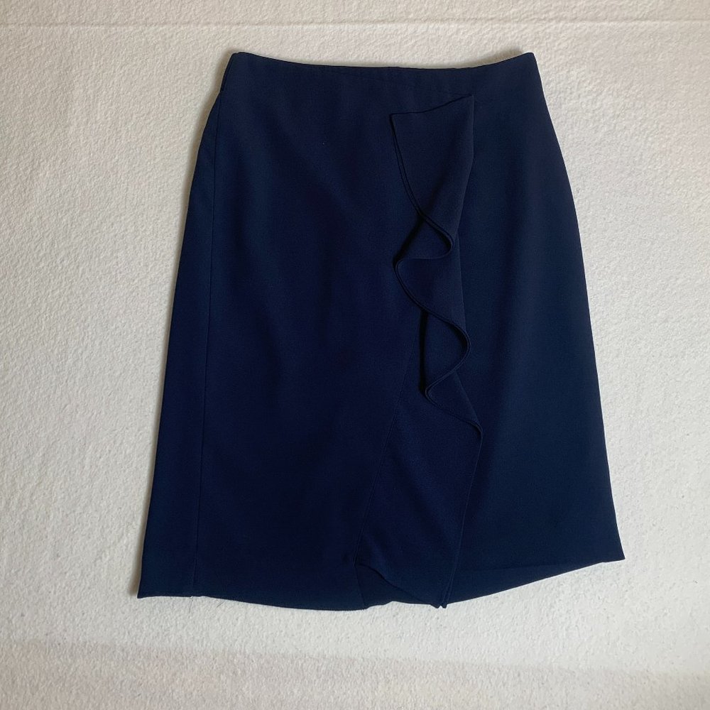 J Crew Skirt Womens 12 Navy Blue Pencil Straight Ruffled Accent Skirt